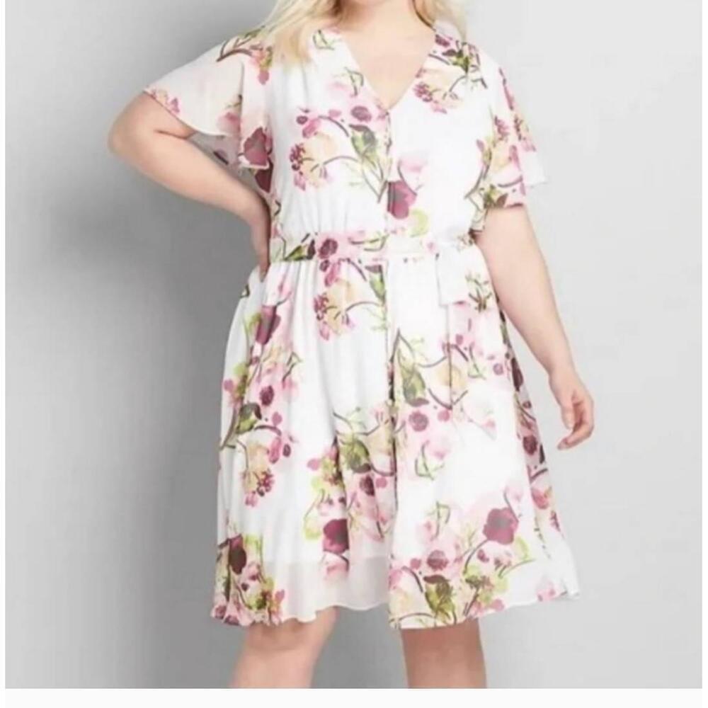 Lane Bryant Womens Floral Dress White V-Neck Short Sleeves Size 14